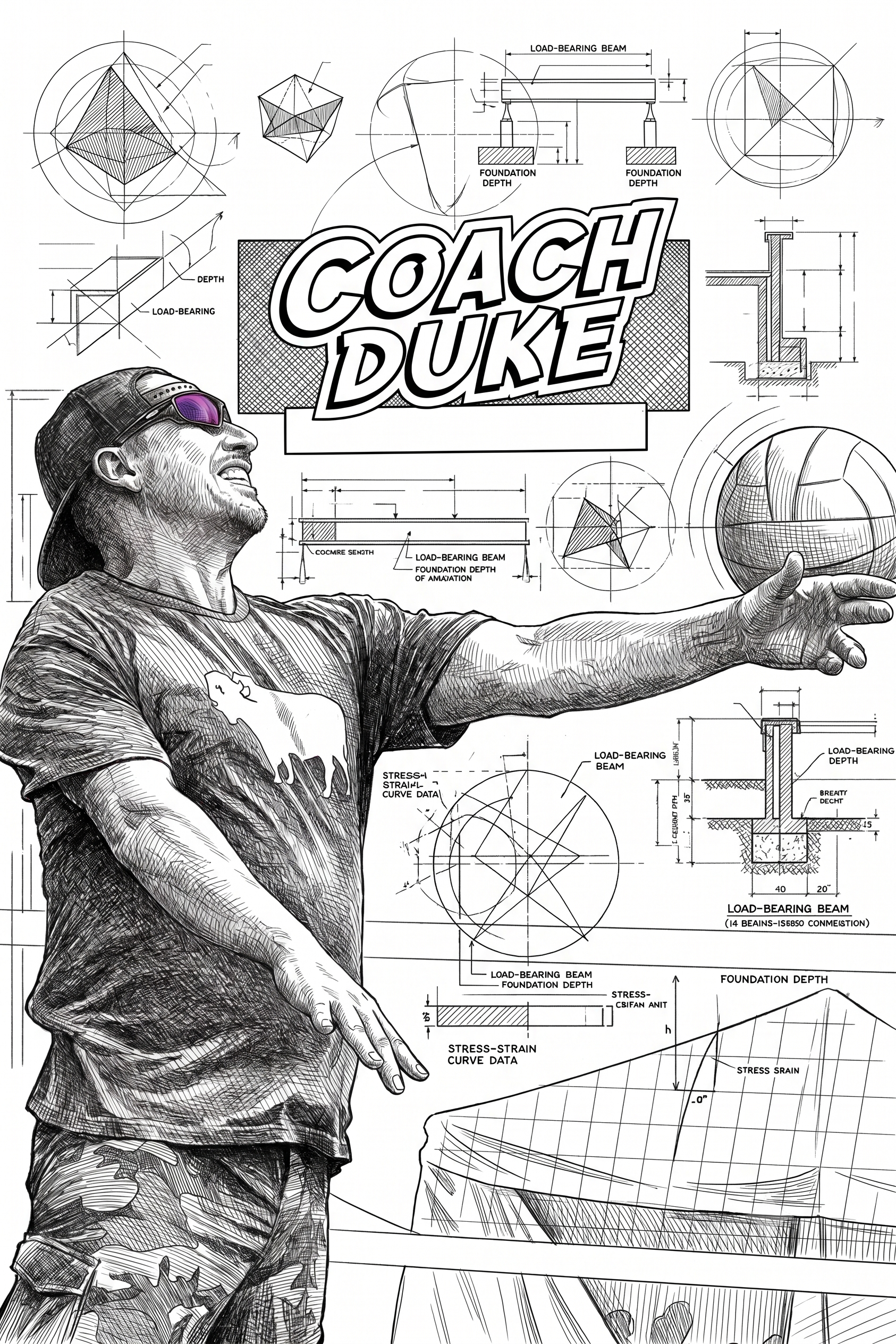 Illustrated portrait of Anthony &ldquo;Coach Duke&rdquo; Duke holding a volleyball